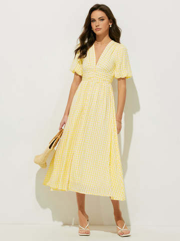 Clara | Midi Kleid mit Karomuster und Puffärmeln