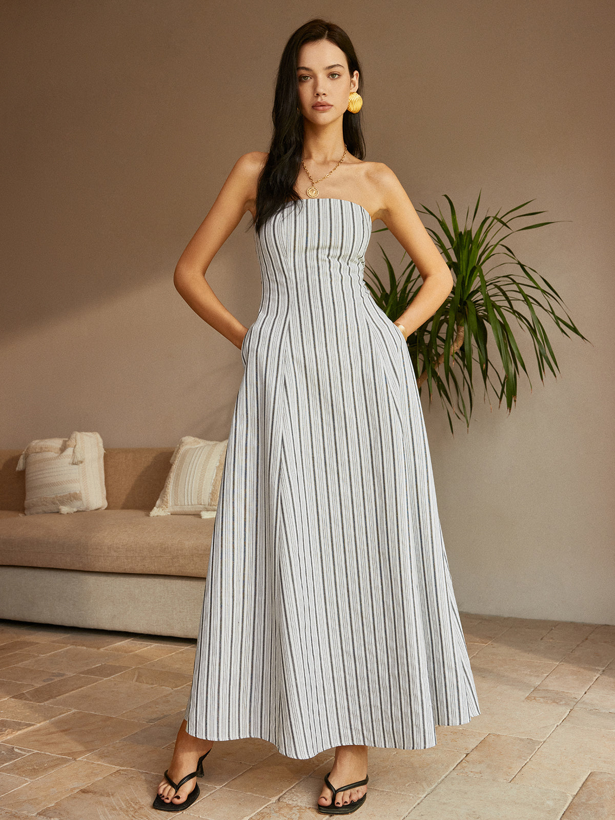 Clara | Elegantes Off-Shoulder Kleid aus Baumwolle und Leinen