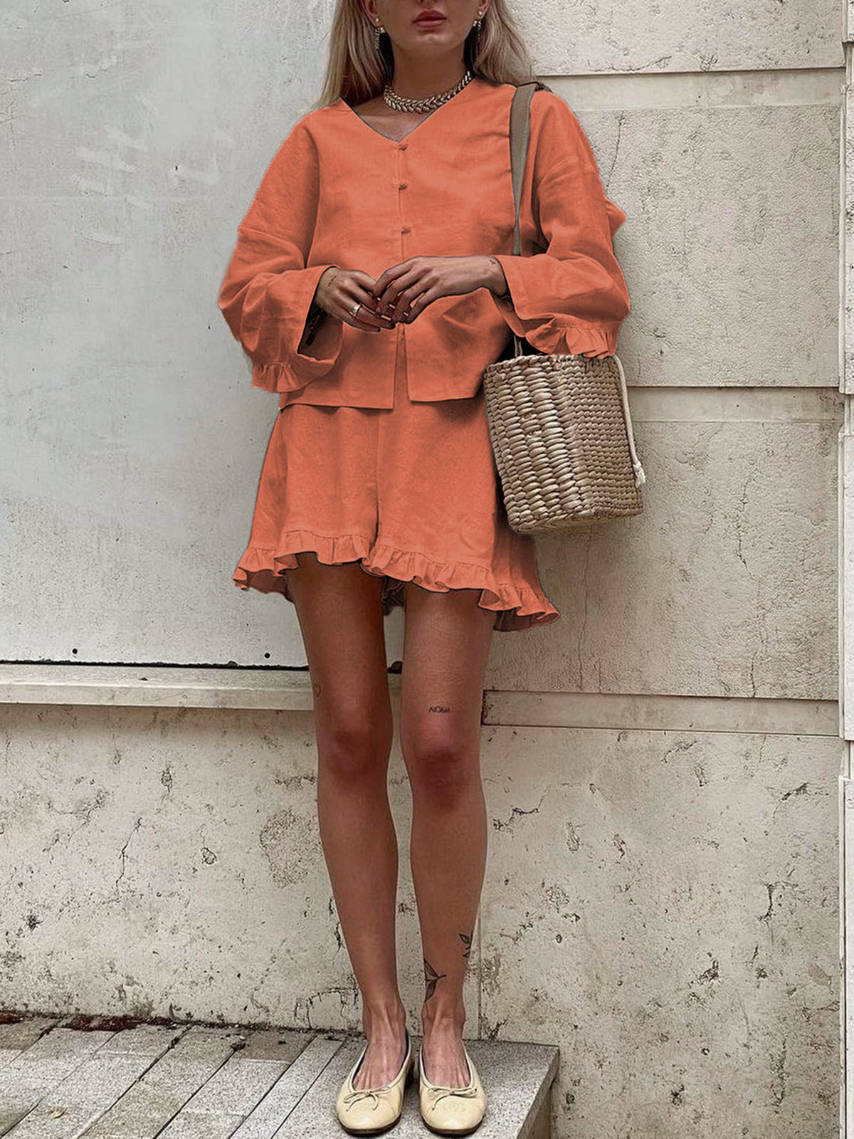 Livia | Rüschendekor Baumwoll-Shorts-Set