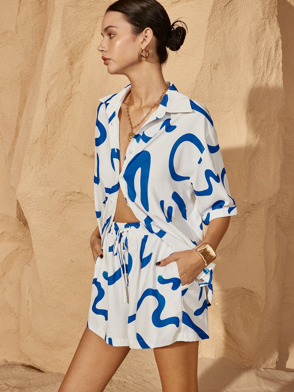 Clara | Druck Kordelzug Shorts Set