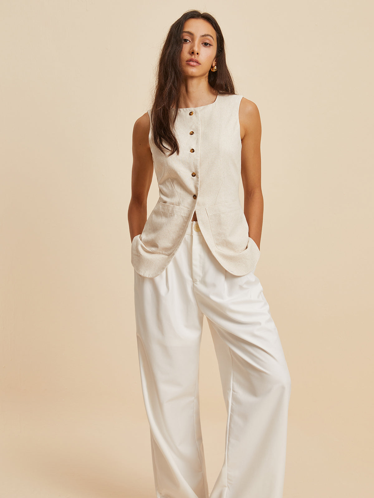 Laura | Elegante Leinen-Blend Weste mit Taschen