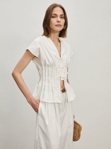 Carolin | Plissierte Baumwollbluse mit Knoten