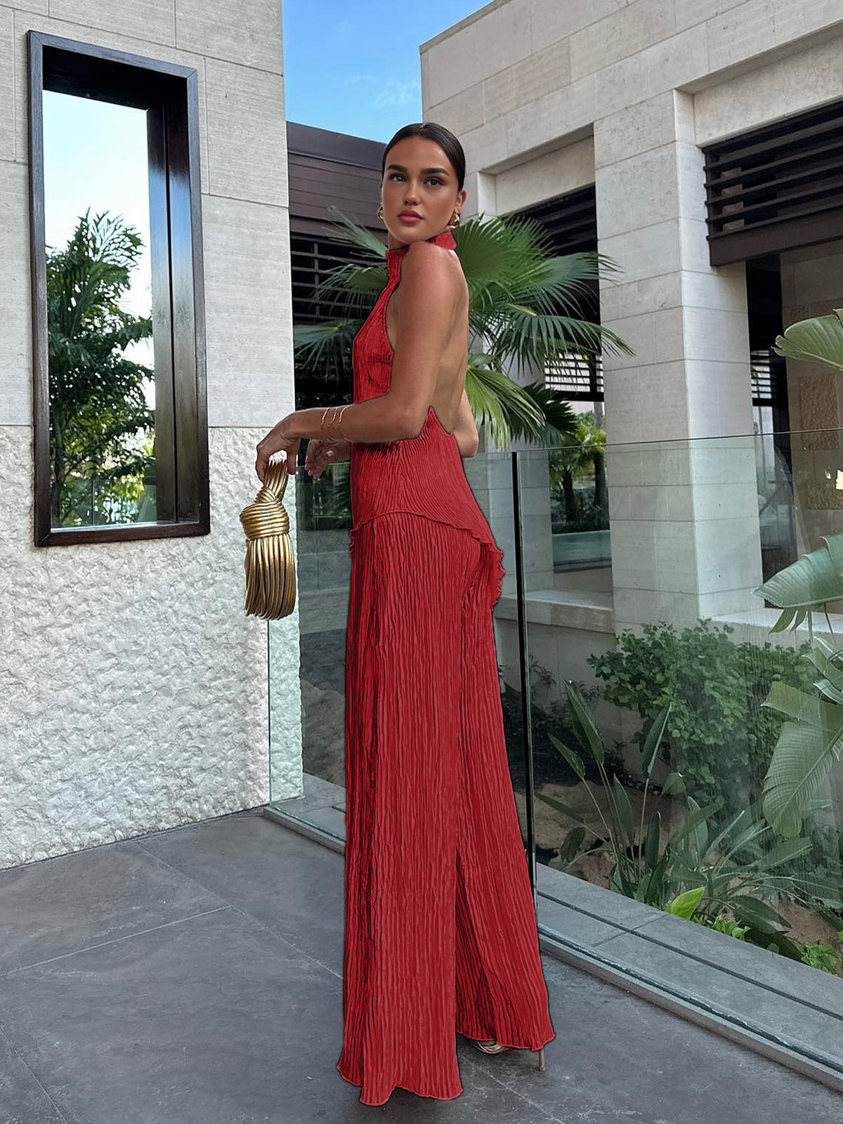 Clara | Asymmetrisches Halter-Crop-Top mit Weiten Hosen Set