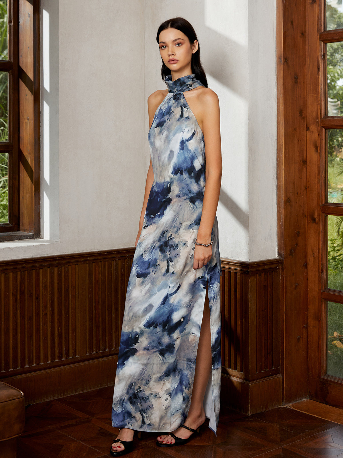 Clara | Glamouröses Maxikleid mit Halter-Ausschnitt und Tie-Dye-Design