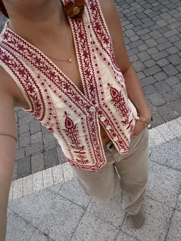 Anna | Bestickte Ärmellose Weste mit Gürtel