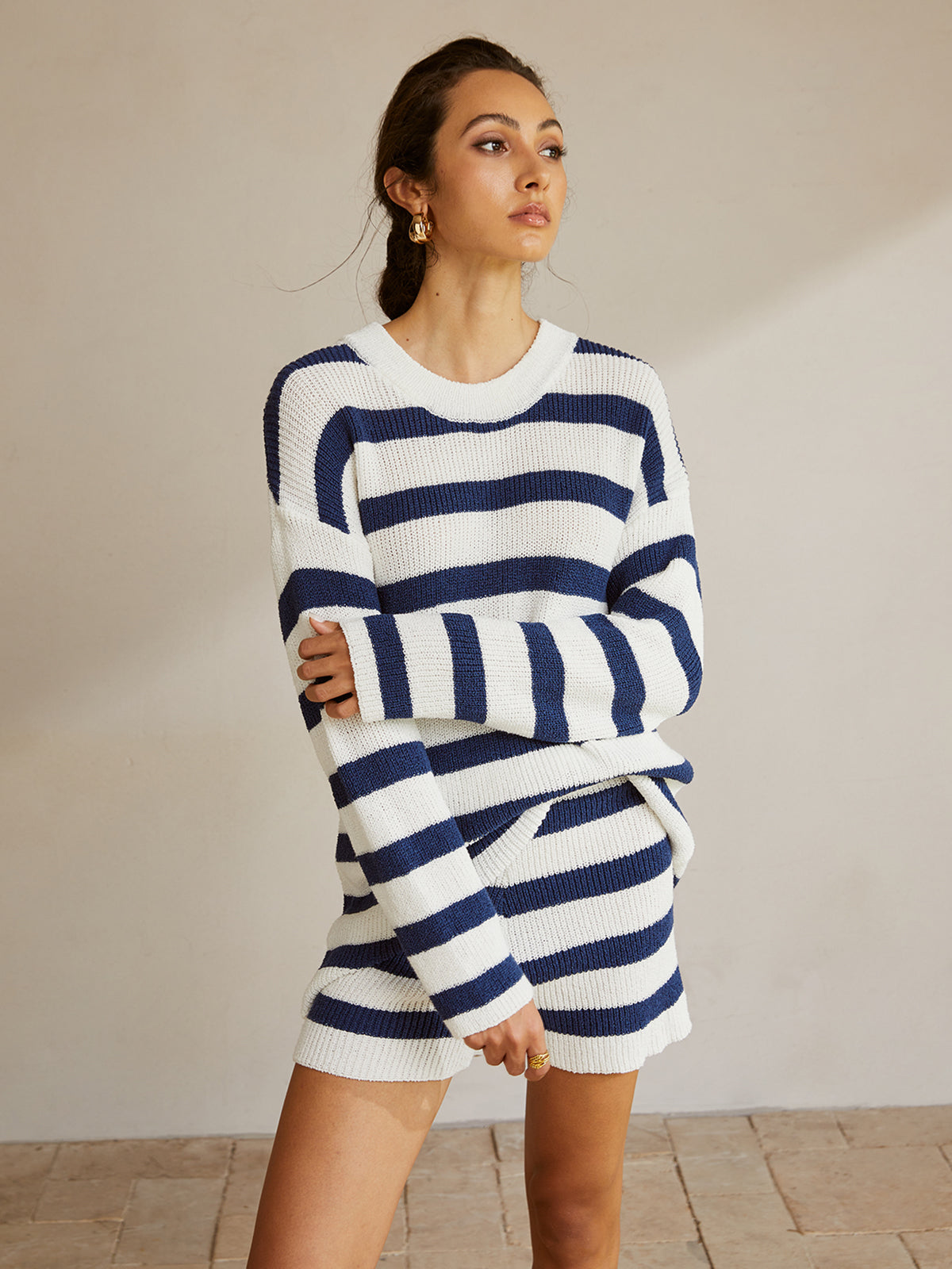 Leonie | Gestreiftes Rippstrick-Sweater-Shorts-Set