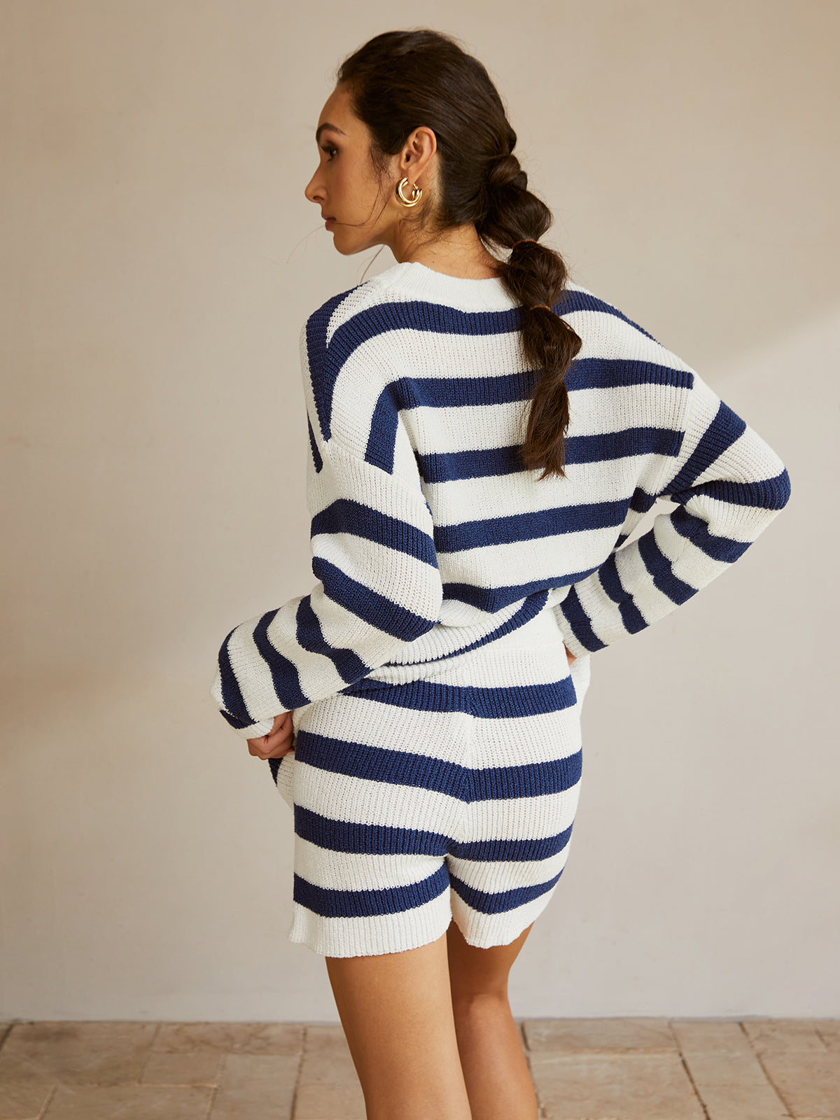 Leonie | Gestreiftes Rippstrick-Sweater-Shorts-Set