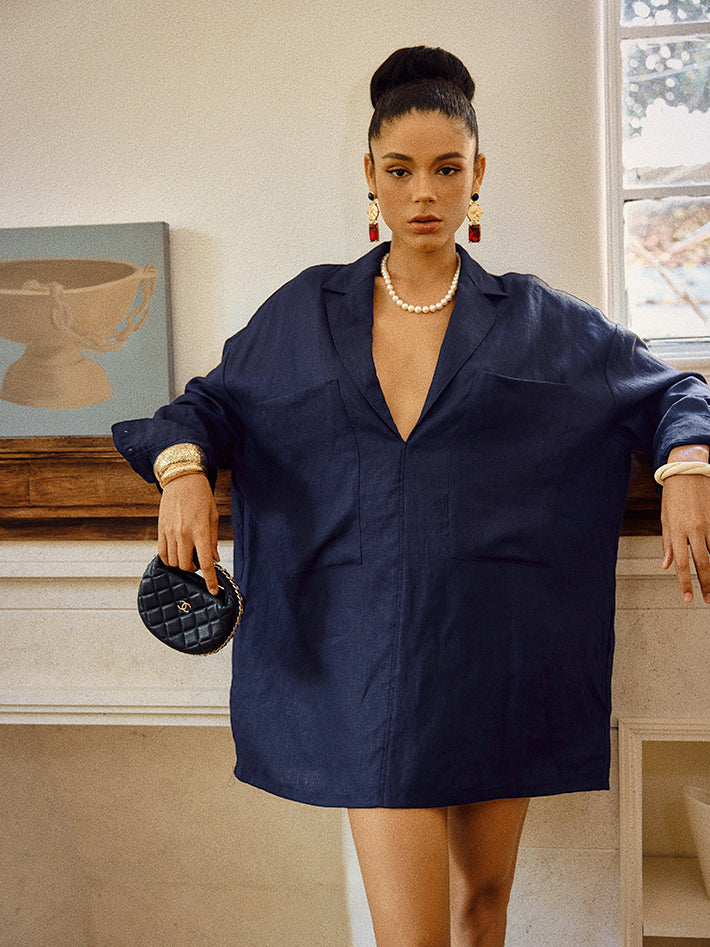 Clara | Elegantes Leinenkleid mit Taschen und langen Ärmeln