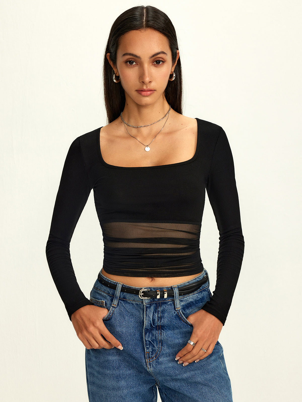 Mia | Halbtransparente Mesh-Bluse mit Quadrat-Ausschnitt
