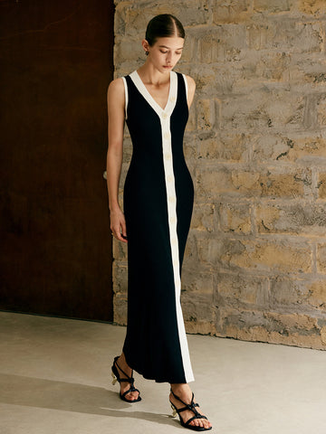 Sophie | Elegantes Maxikleid mit Kontrastbesatz und Knopf-Detail