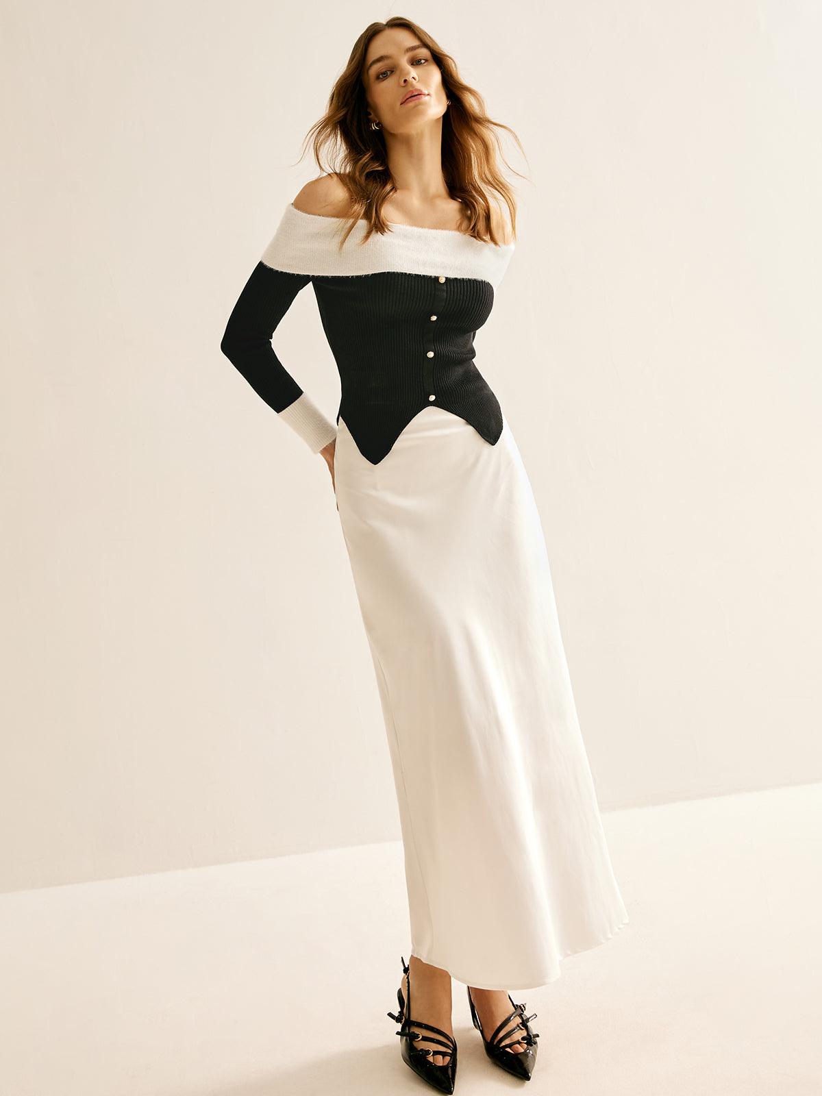 Clara | Off-Shoulder Farbblock Strickoberteil