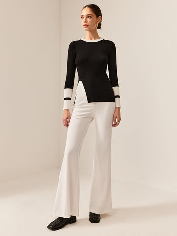 Bea | Kontrastbesatz Schlitz Stretch Strickoberteil