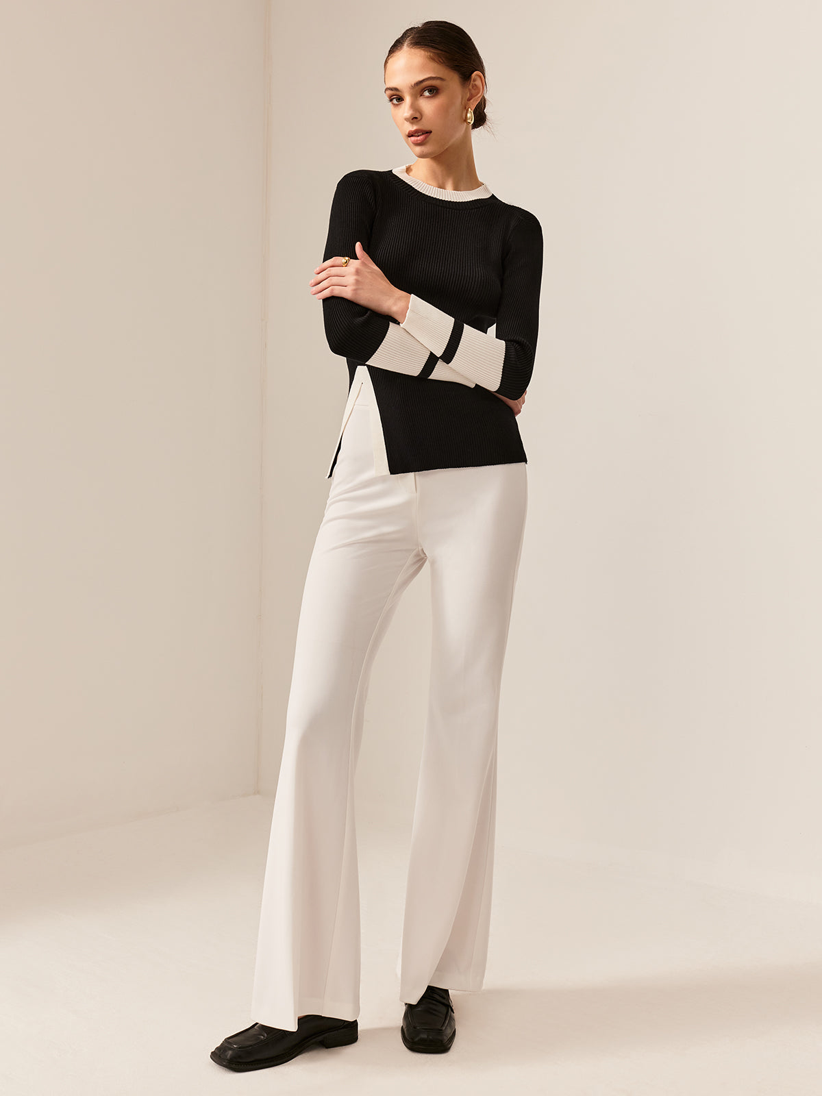 Bea | Kontrastbesatz Schlitz Stretch Strickoberteil