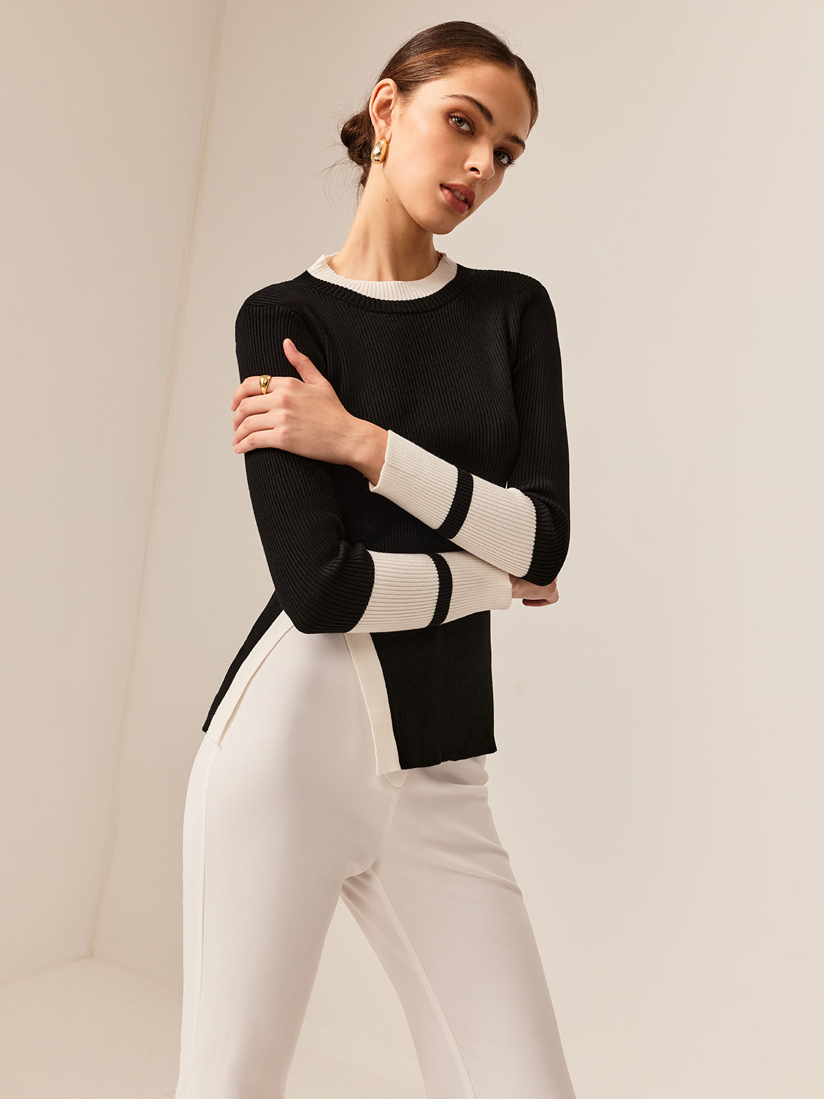 Bea | Kontrastbesatz Schlitz Stretch Strickoberteil
