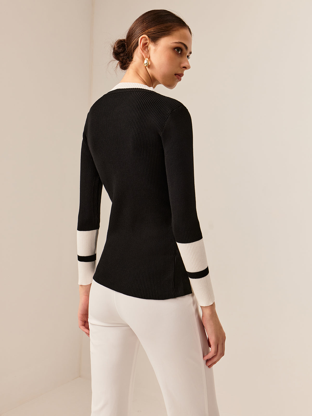 Bea | Kontrastbesatz Schlitz Stretch Strickoberteil