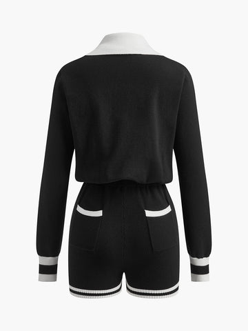 Clara | Kontrast-Bindungs V-Ausschnitt Strick-Jumpsuit