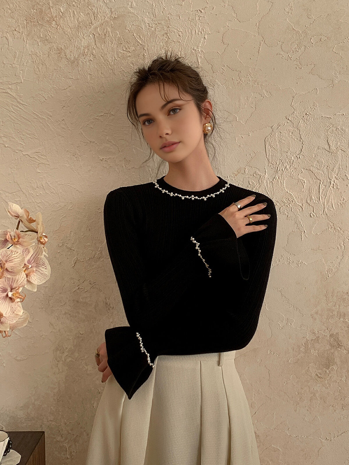 Clara | Rüschen-Strick-Top mit edlem Perlen-Dekor