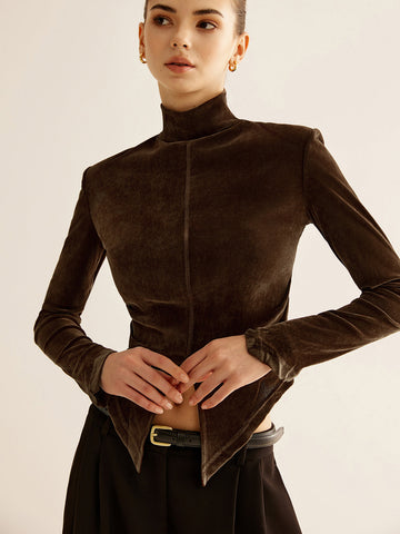 Emilia | Samtiger Stehkragen T-Shirt mit Schlitz