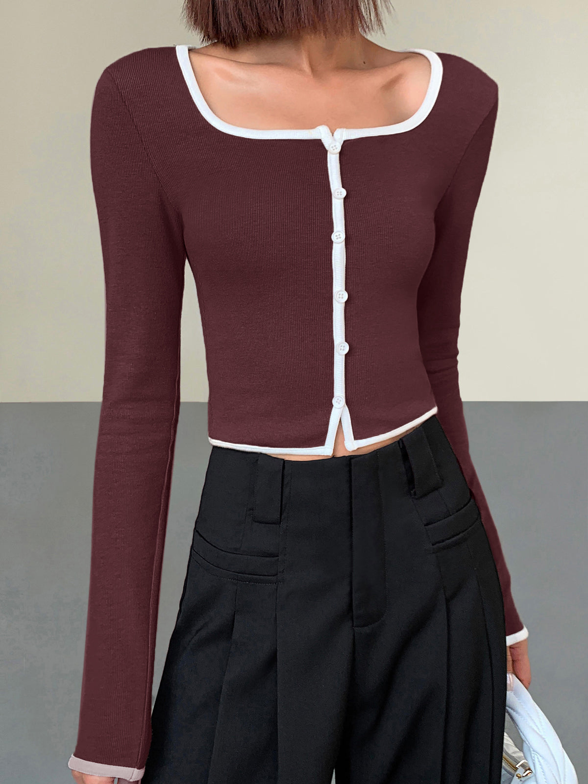 Felix | Elegantes Langarm-Strickhemd mit quadratischem Ausschnitt und Kontrastbesatz