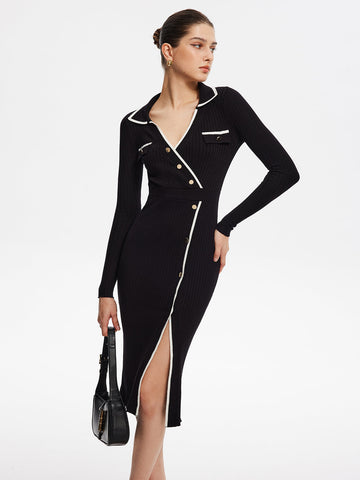 Clara | Elegantes Midi-Strickkleid mit Wickeloptik und Kontrastbesatz