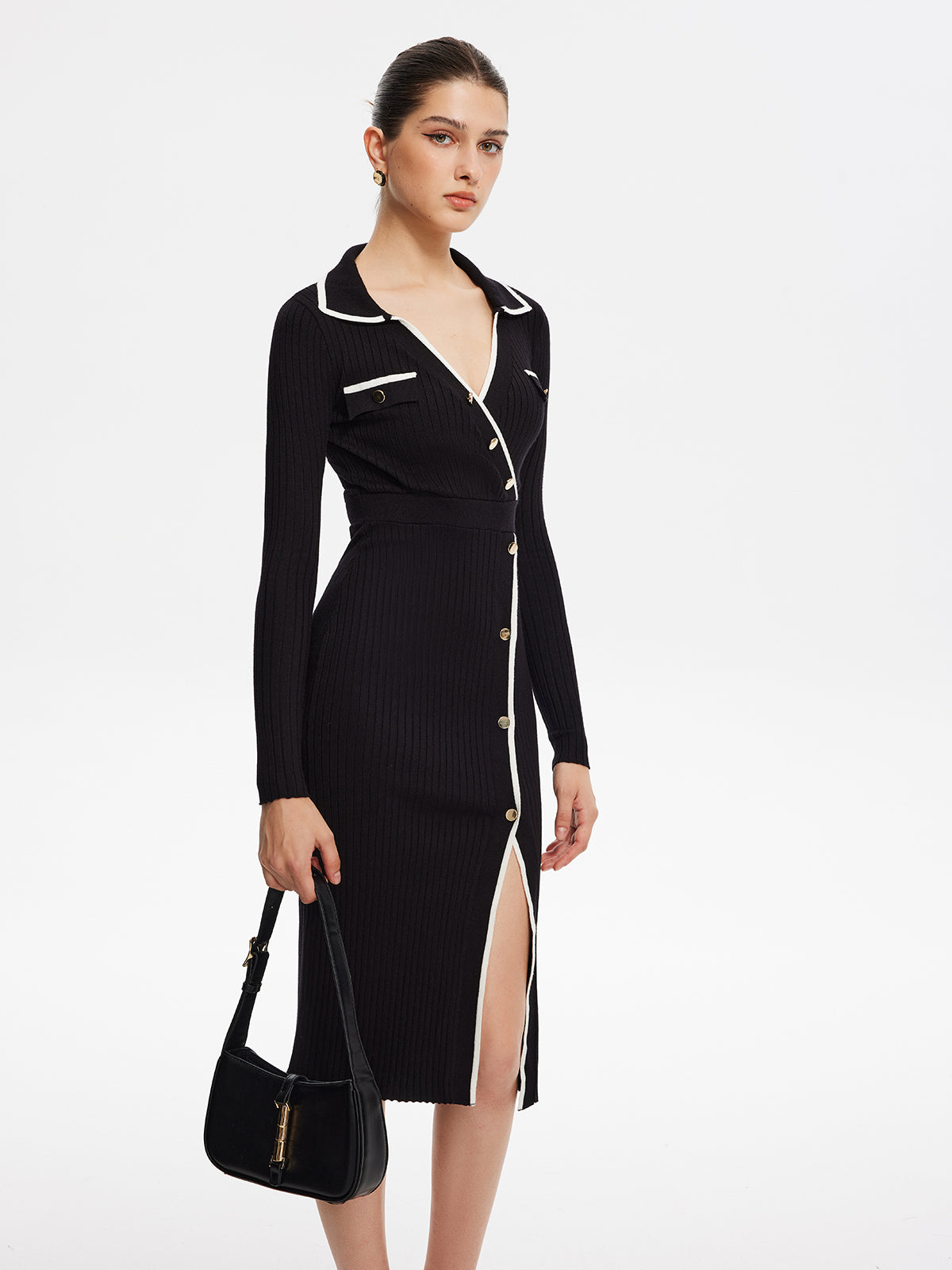 Clara | Elegantes Midi-Strickkleid mit Wickeloptik und Kontrastbesatz