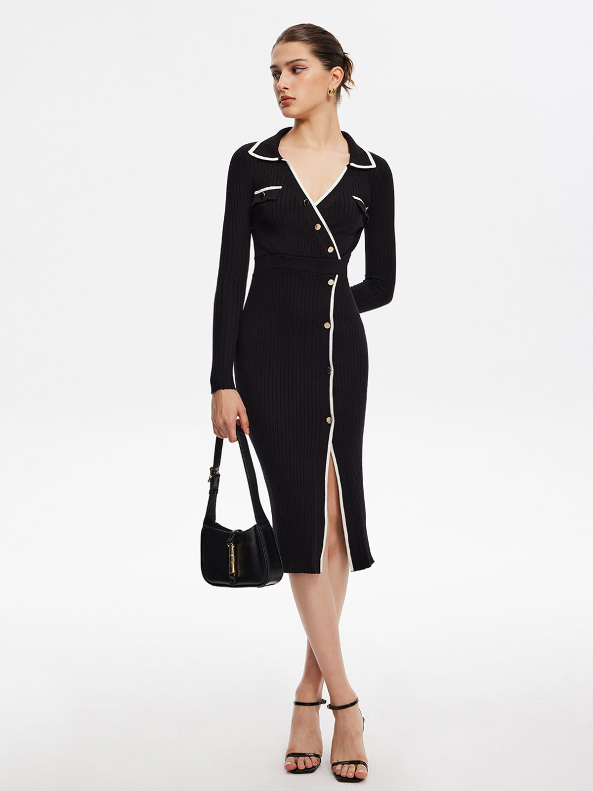 Clara | Elegantes Midi-Strickkleid mit Wickeloptik und Kontrastbesatz