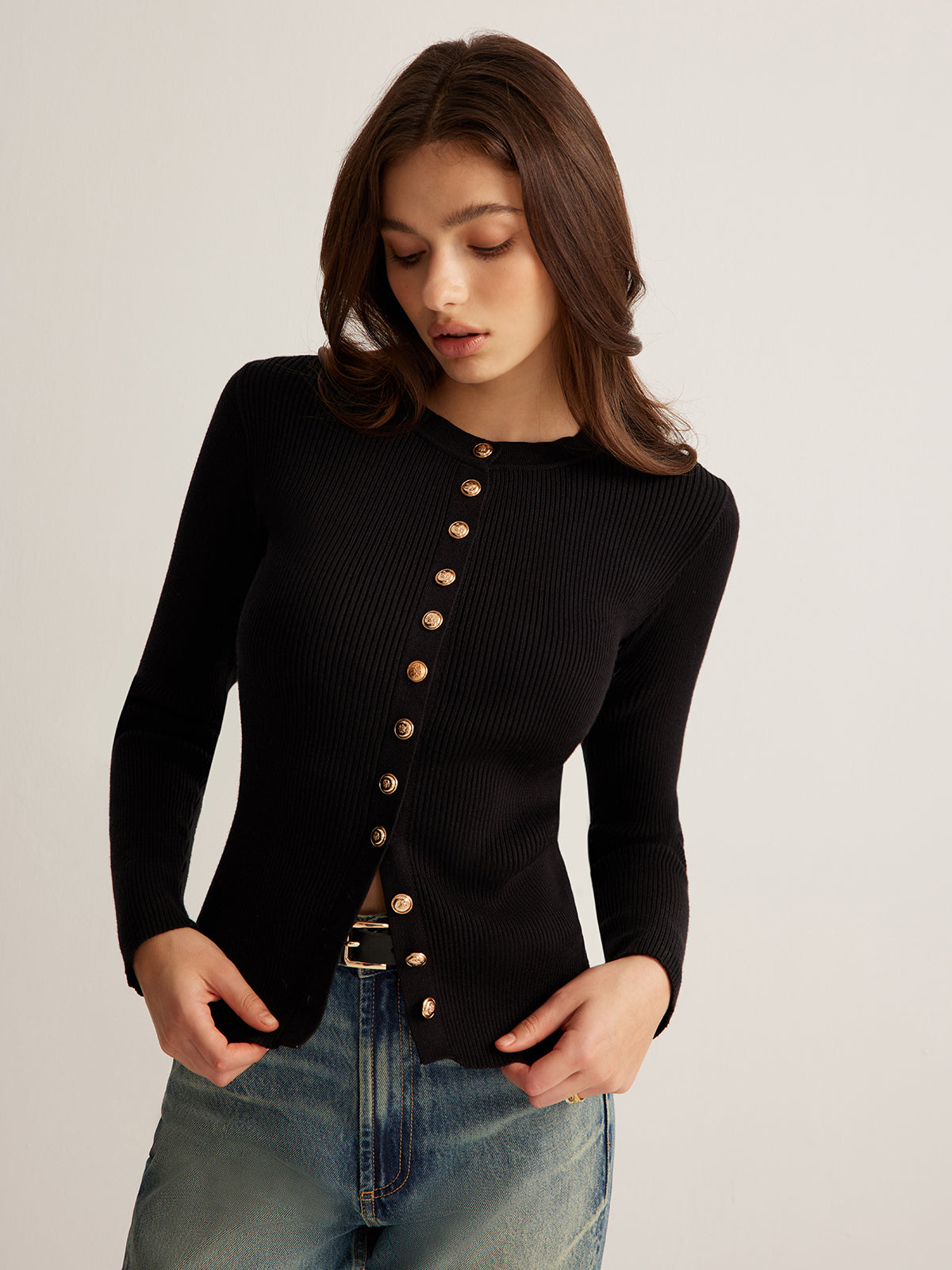 Clara | Elegantes Button Down Skinny Strickoberteil