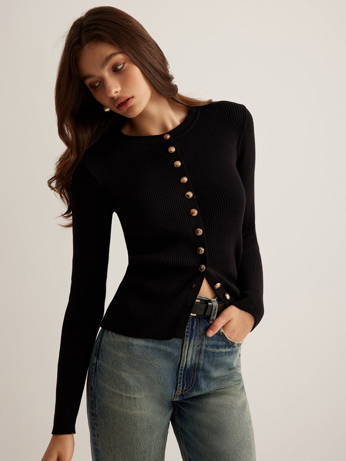 Clara | Elegantes Button Down Skinny Strickoberteil