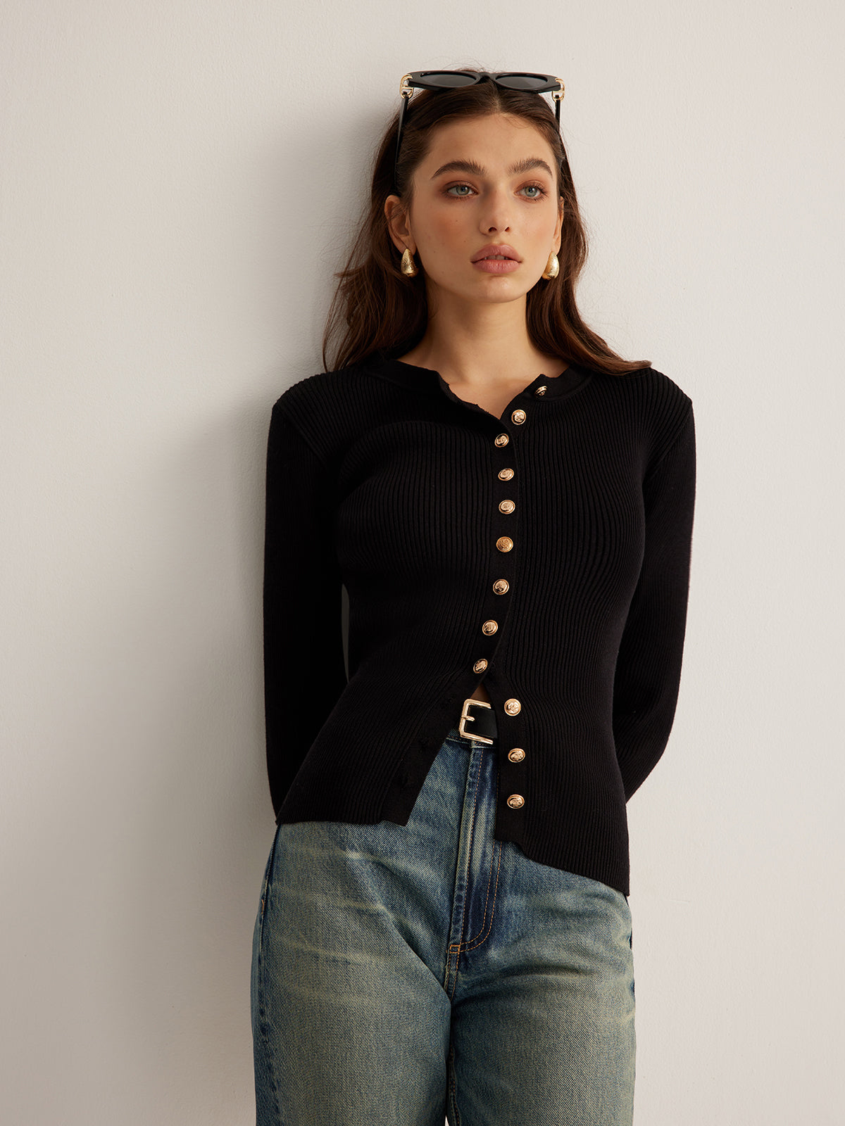 Clara | Elegantes Button Down Skinny Strickoberteil