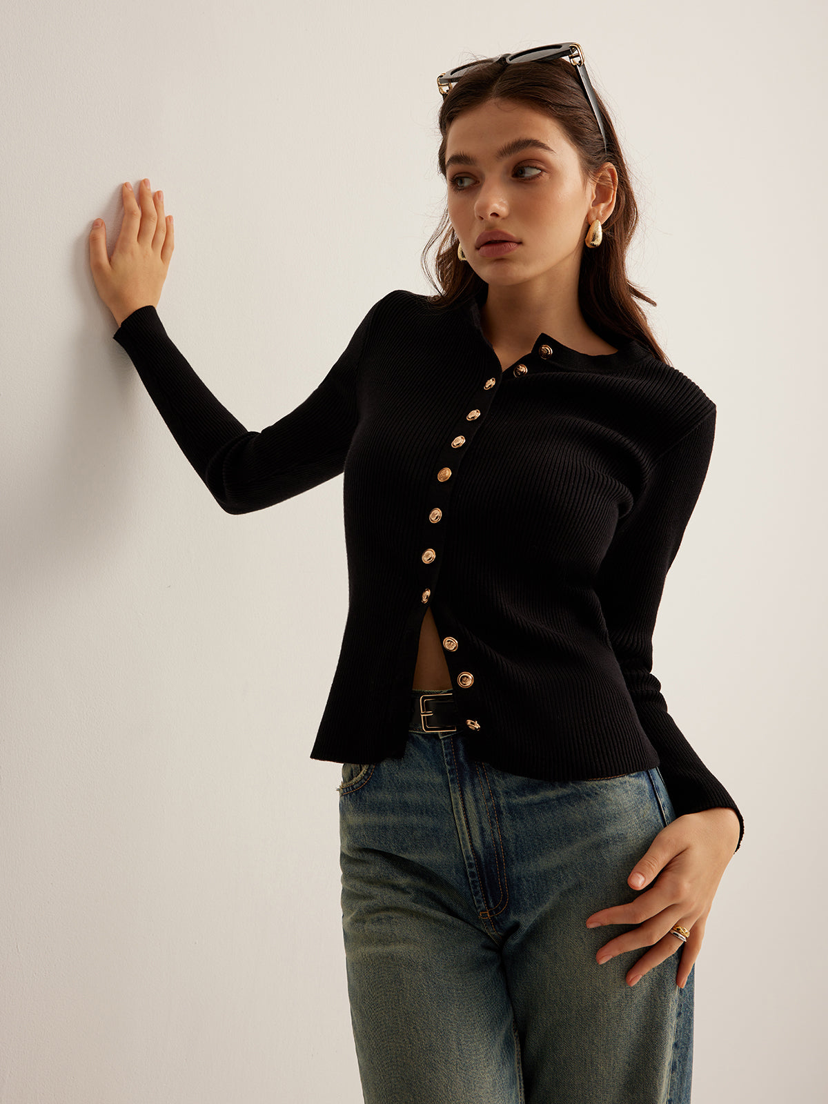 Clara | Elegantes Button Down Skinny Strickoberteil