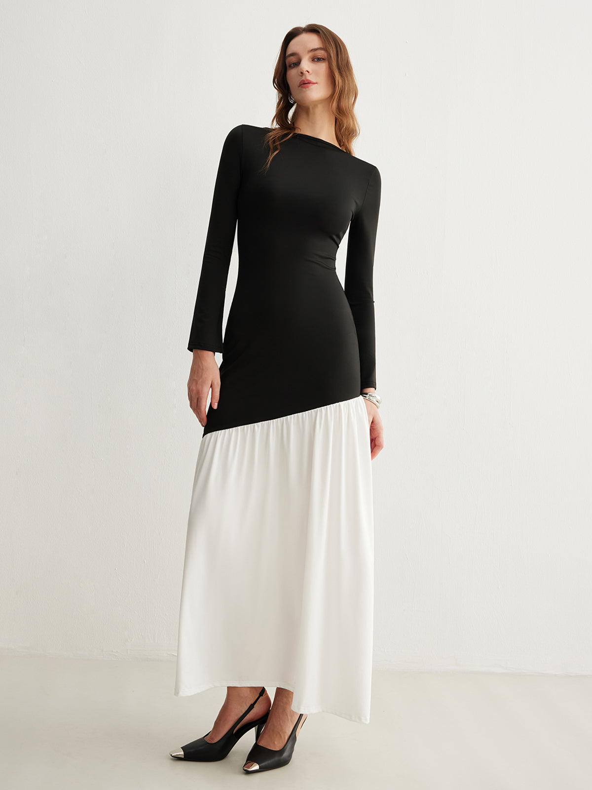 Clara | Zweifarbige Chiffon-Jersey-Faltenkleid