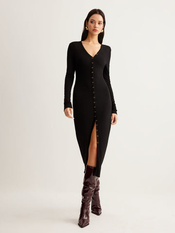 Clara | Elegantes V-Ausschnitt Knopfmaxikleid