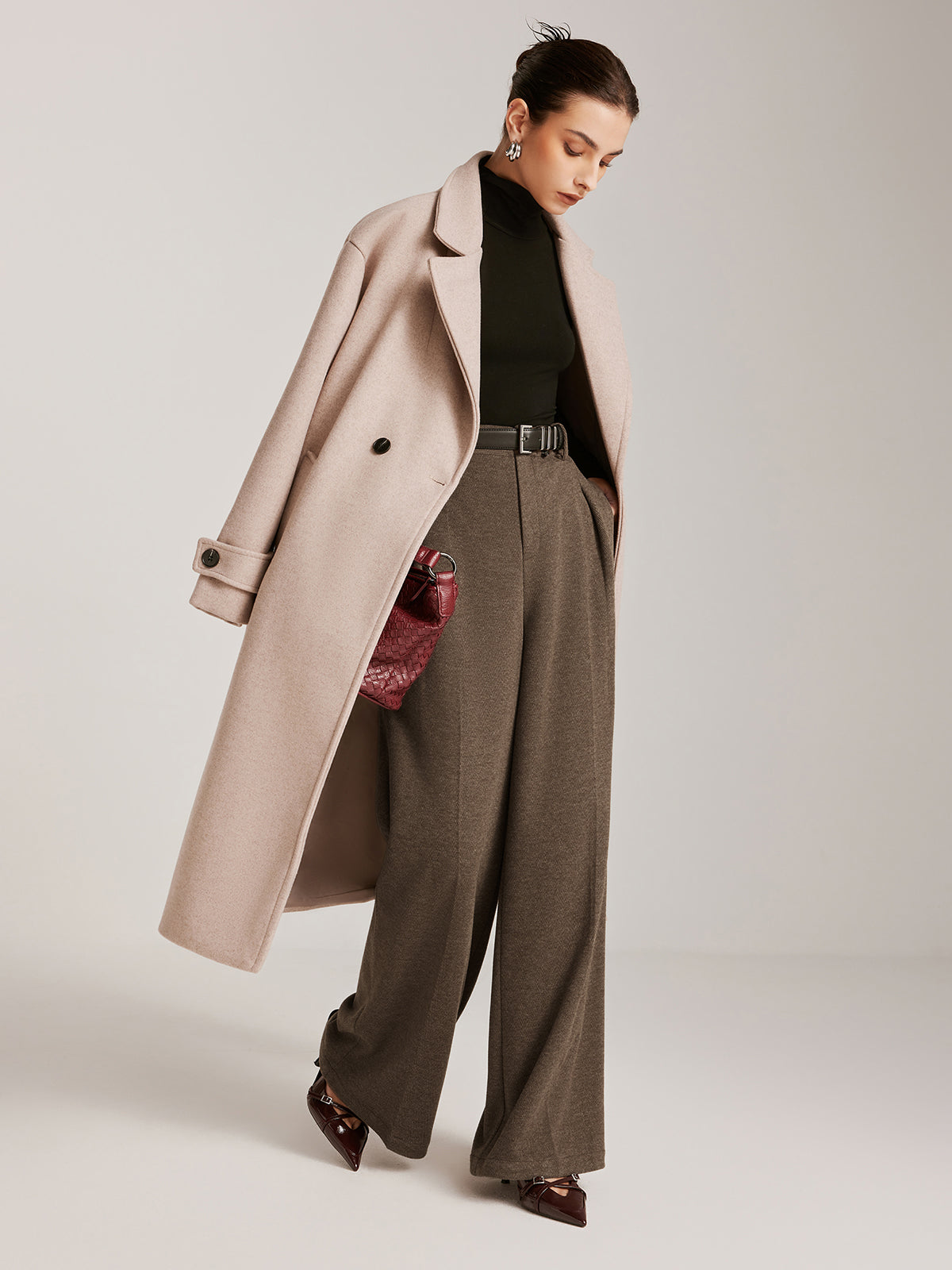 Leni | Elegante Wollmischung Chevron Weite Hose ohne Gürtel