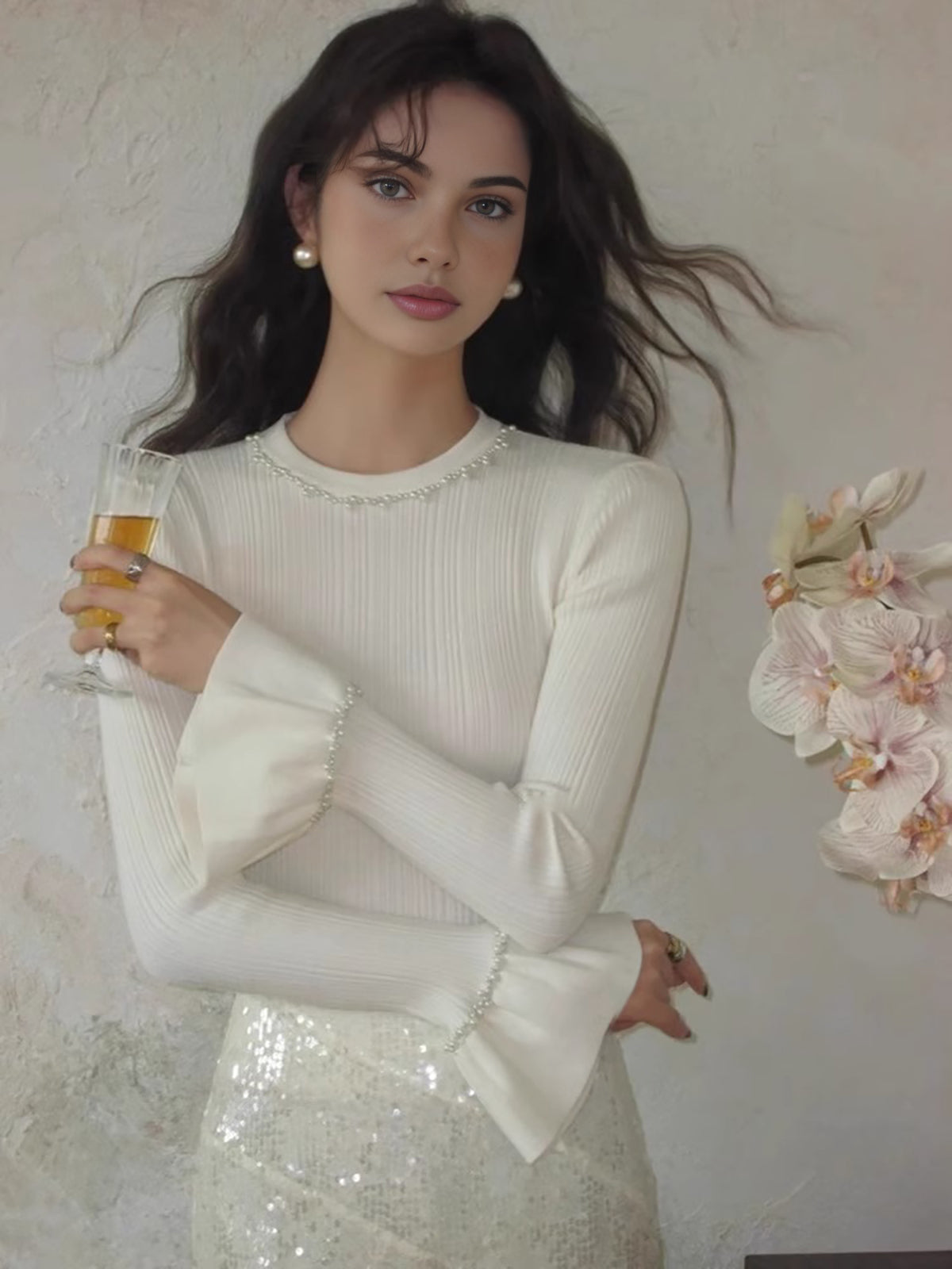 Clara | Rüschen-Strick-Top mit edlem Perlen-Dekor