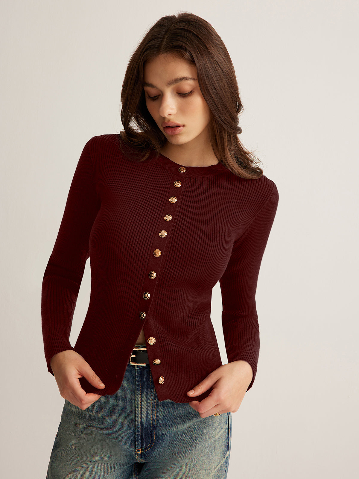Clara | Elegantes Button Down Skinny Strickoberteil