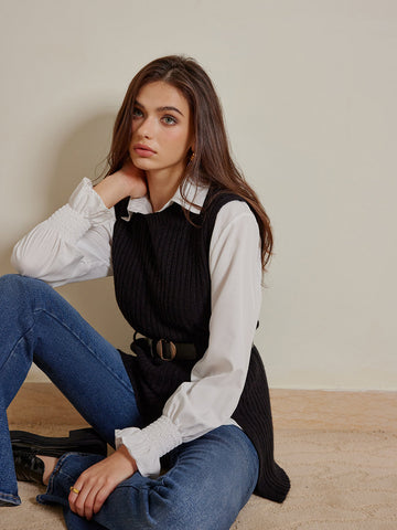 Leona | Taillierter Pullover mit Polo-Shirt und Gürtel
