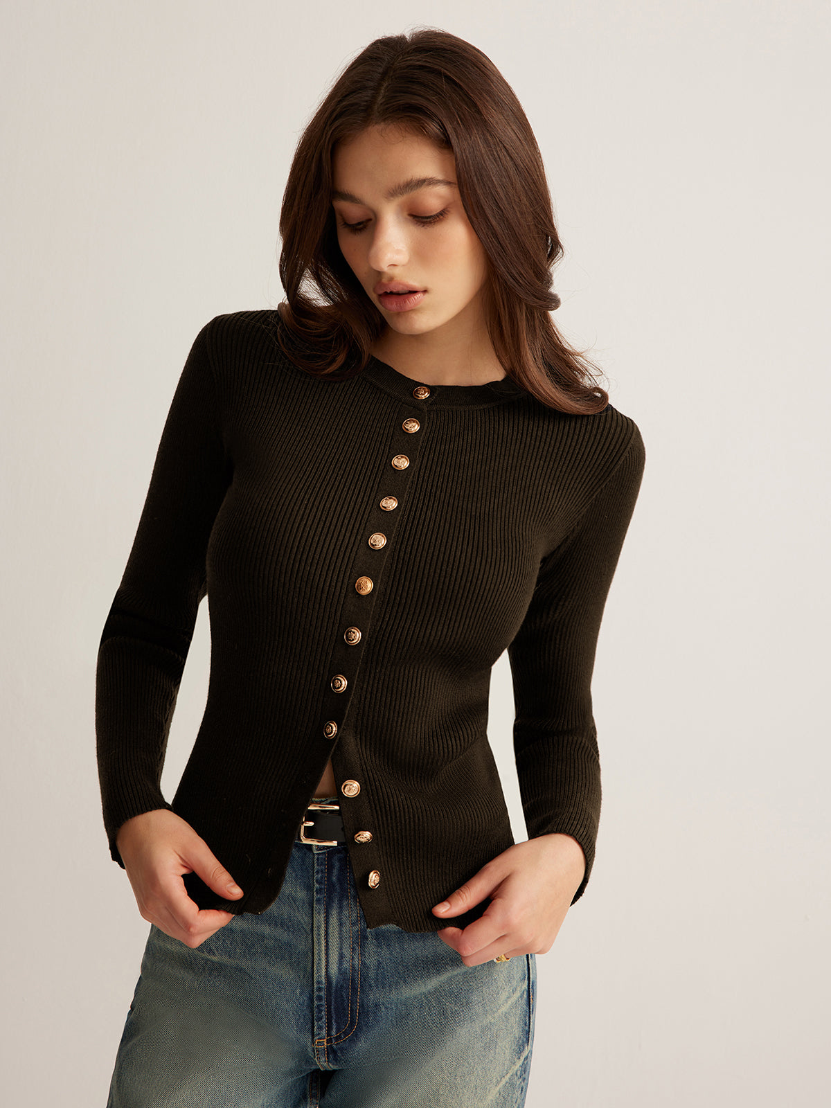 Clara | Elegantes Button Down Skinny Strickoberteil