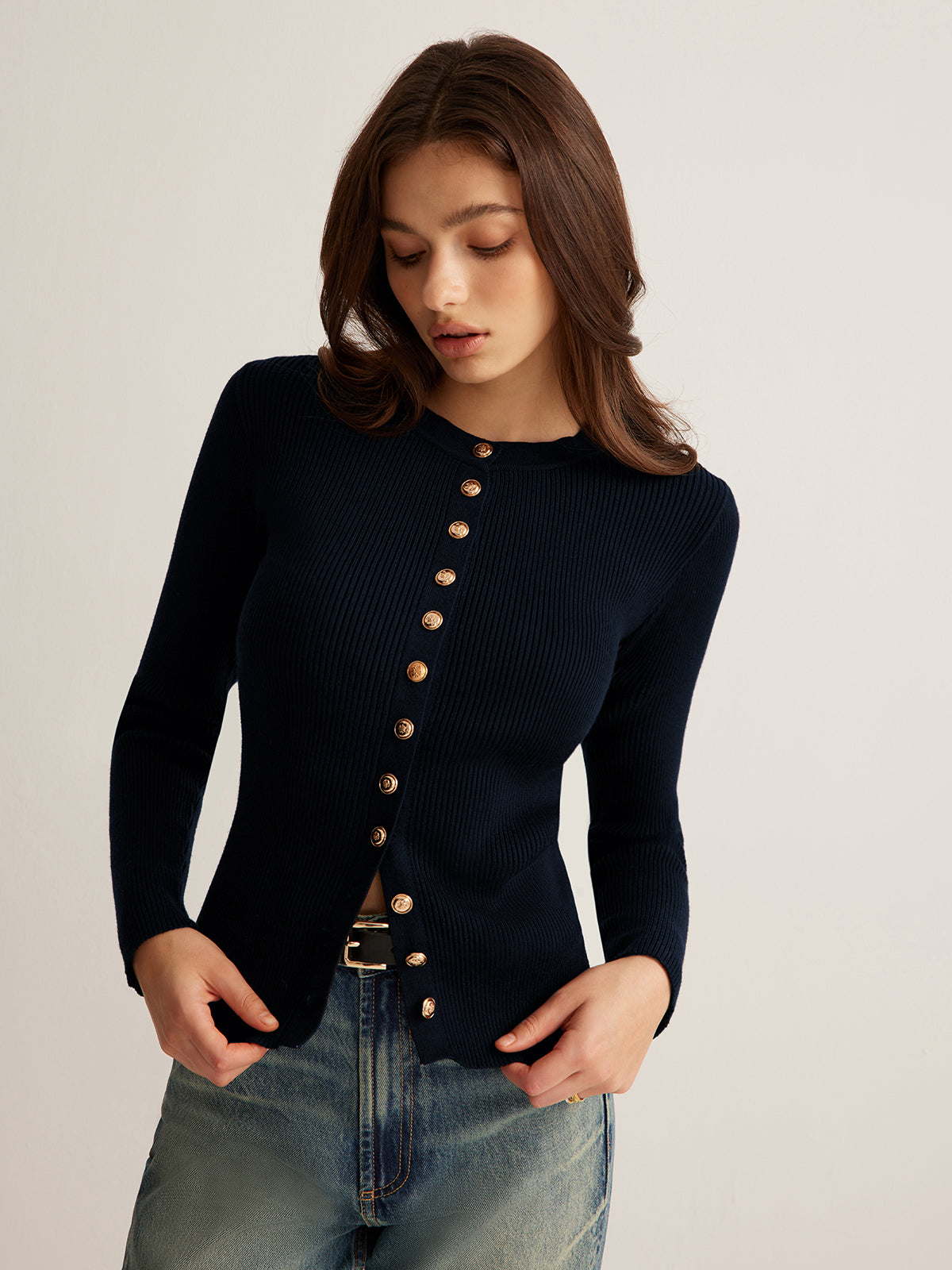 Clara | Elegantes Button Down Skinny Strickoberteil