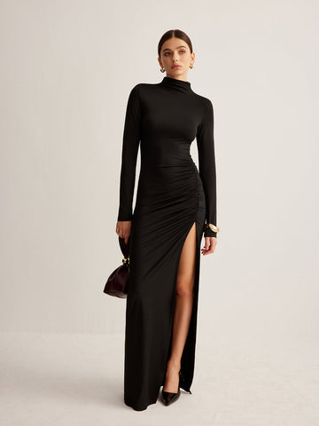 Nora | Elegantes Maxikleid mit Stehkragen und Schlitz
