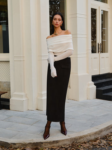 Leonie | Wolle-Mix Oberteil mit Cold-Shoulder und Raffung