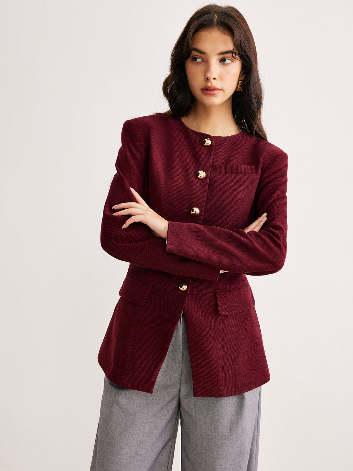 Cordula | Elegante Corduroy Bluse mit Rundkragen und Knöpfen