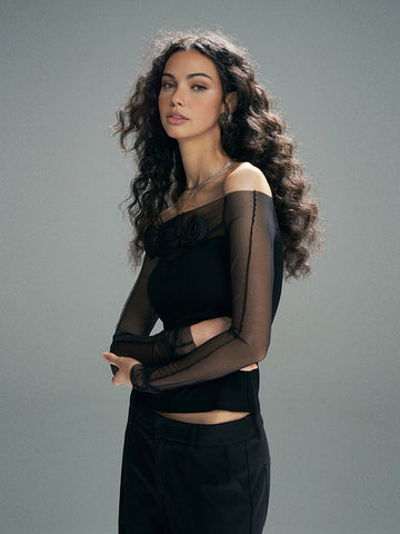 Emilia | 3D Blumen Off-Shoulder Mesh-Panel Oberteil