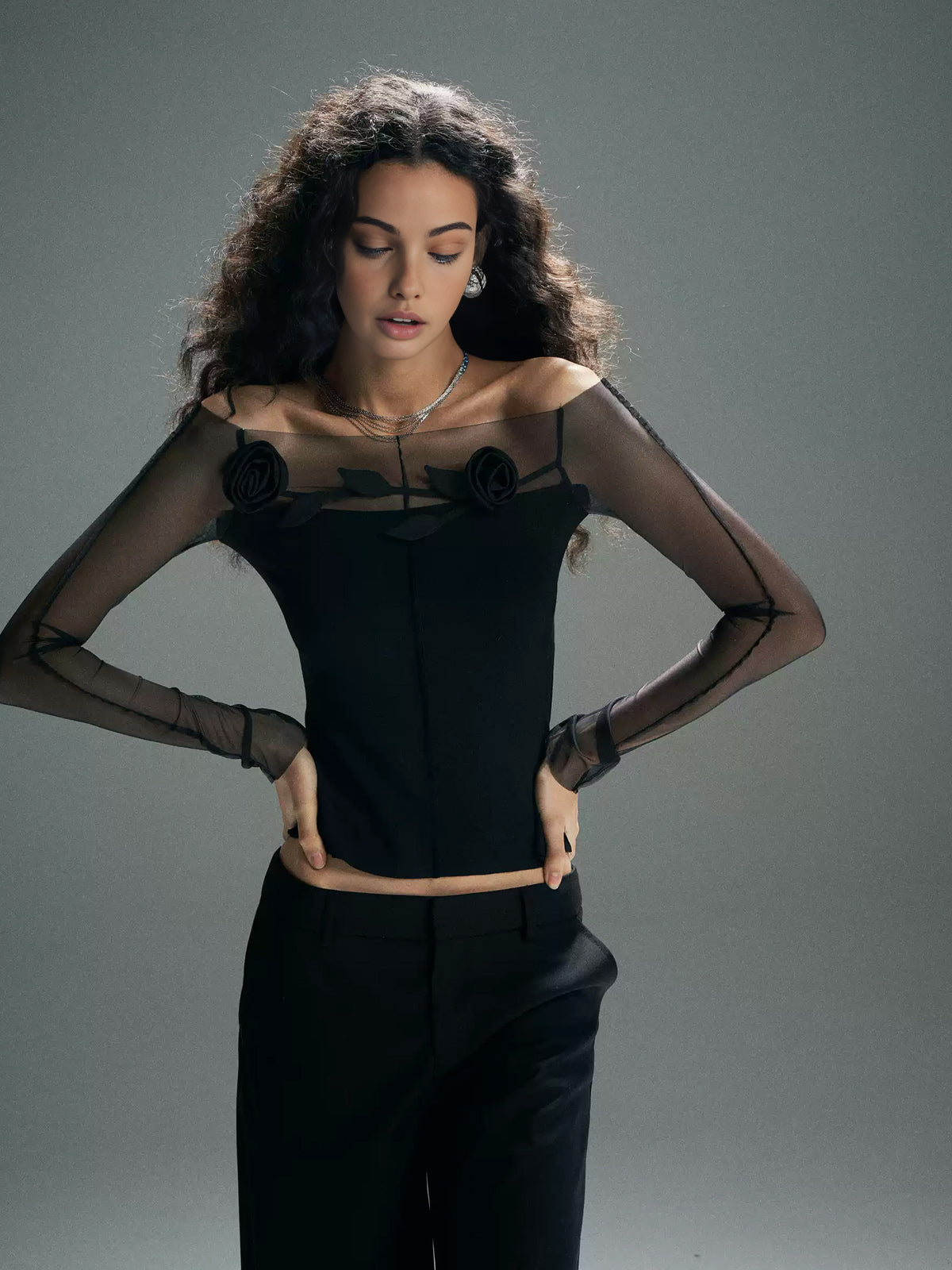 Emilia | 3D Blumen Off-Shoulder Mesh-Panel Oberteil