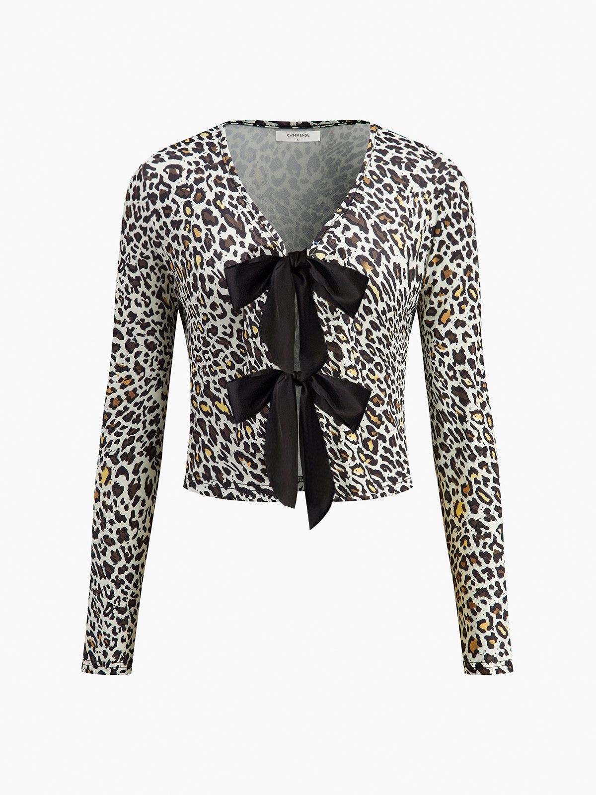 Eleganz | Leopard bedruckte Jersey-Bluse mit Schleife vorne