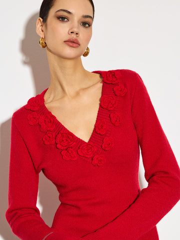 Lisa | V-Ausschnitt 3D Blumen Strickoberteil