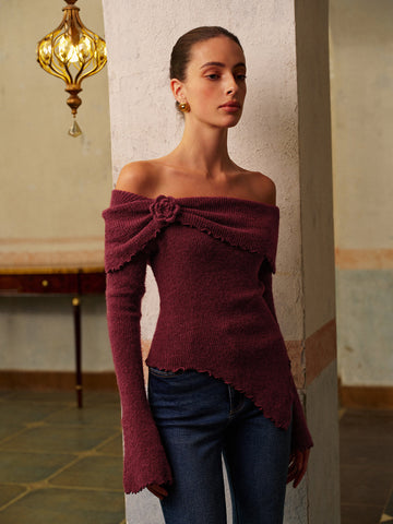Liane | Elegantes asymmetrisches Oberteil mit floralem Strick und Rüschen