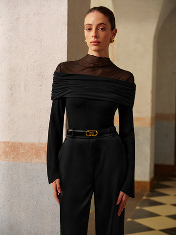 Anna | Ruched Mesh Panel Jersey Oberteil