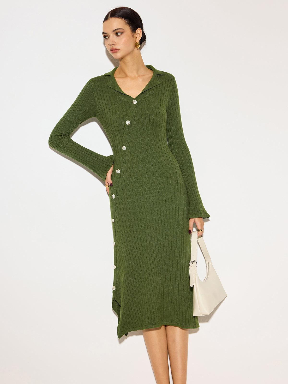 Laura | V-Ausschnitt-Lapel-Strick-Midikleid