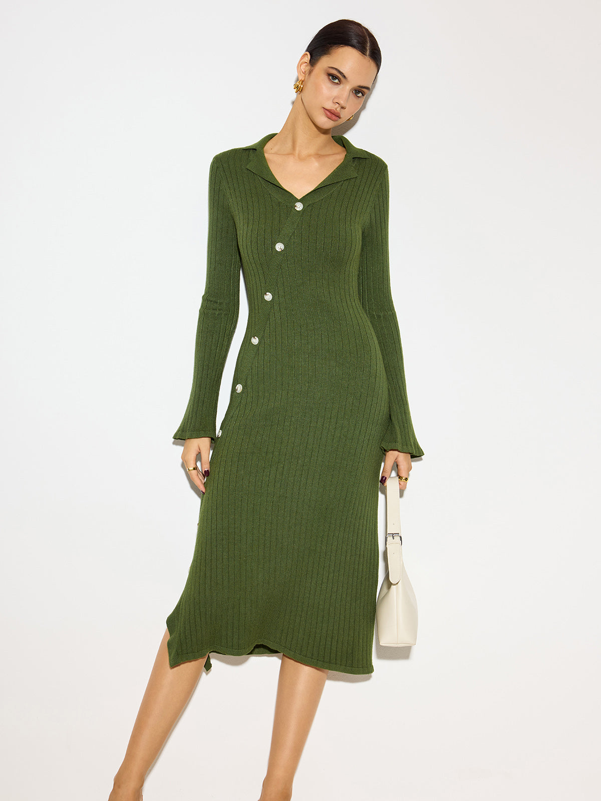 Laura | V-Ausschnitt-Lapel-Strick-Midikleid