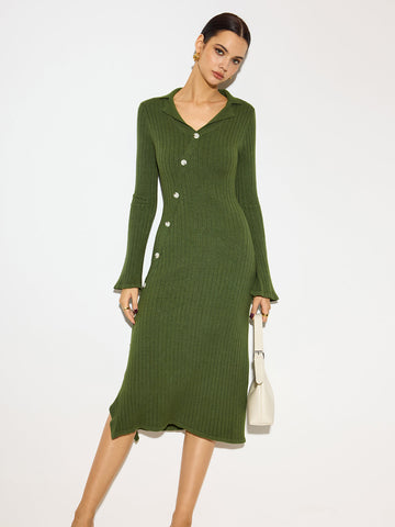 Laura | V-Ausschnitt-Lapel-Strick-Midikleid